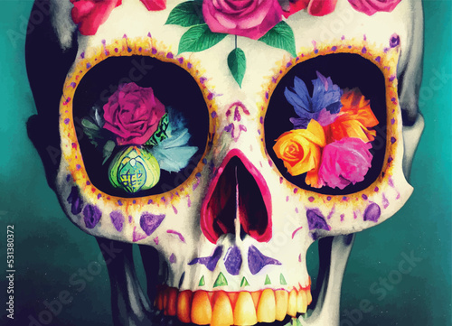 A spooky, skull for "Dia de los muertos" with flowers as eyes, bright colours, abstract, artistic drawing.