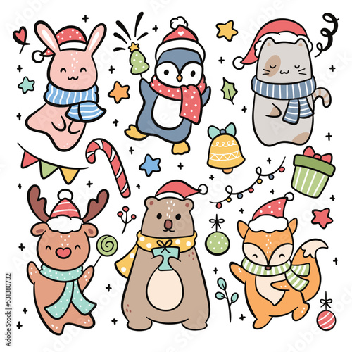 Set of hand drawn cartoon Christmas animal vector illustration