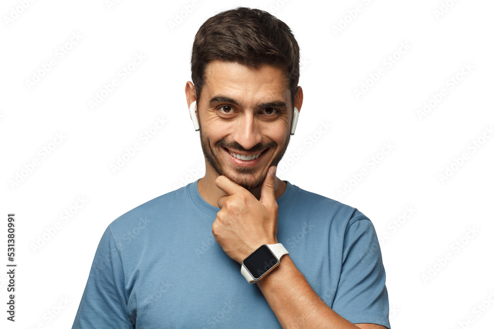 Portrait of handsome man in blue t shirt, standing, showing his stylish modern smart watch with empty blank black screen