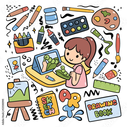 Hand Drawn Cartoon Kid Doing Online Painting Course