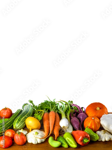 Healthy food background. Food photography of various vegetables isolated on white background. Space for copy.
