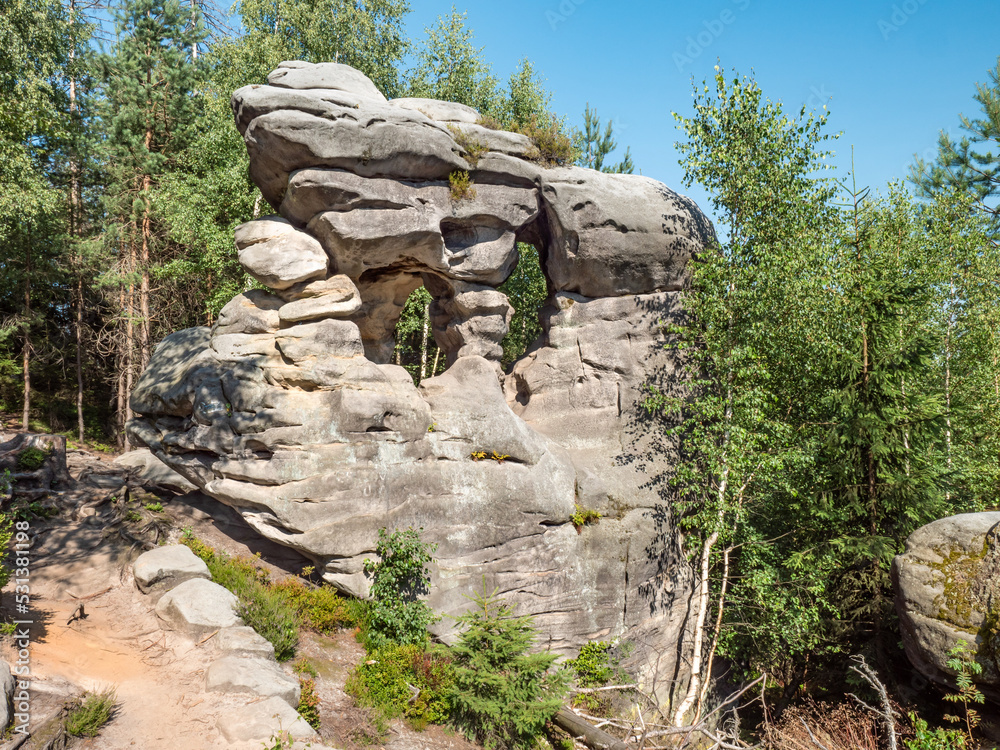 Ostas sandstone rock formations near The Ostas table mountain, Czechia.