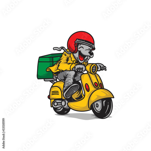 Illustration of a fast delivery logo with cute characters riding a scooter.