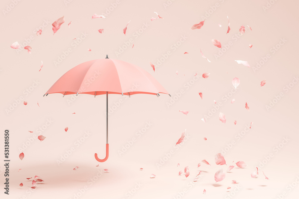 Pink umbrella and falling leaves