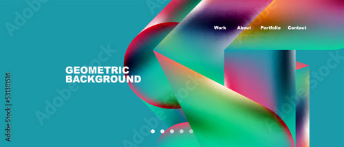Glassmorphism landing page background template. Colorful glass shapes with metallic effect abstract composition for wallpaper, banner, background
