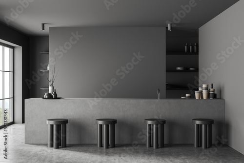 Front view on dark cafe interior with empty grey wall