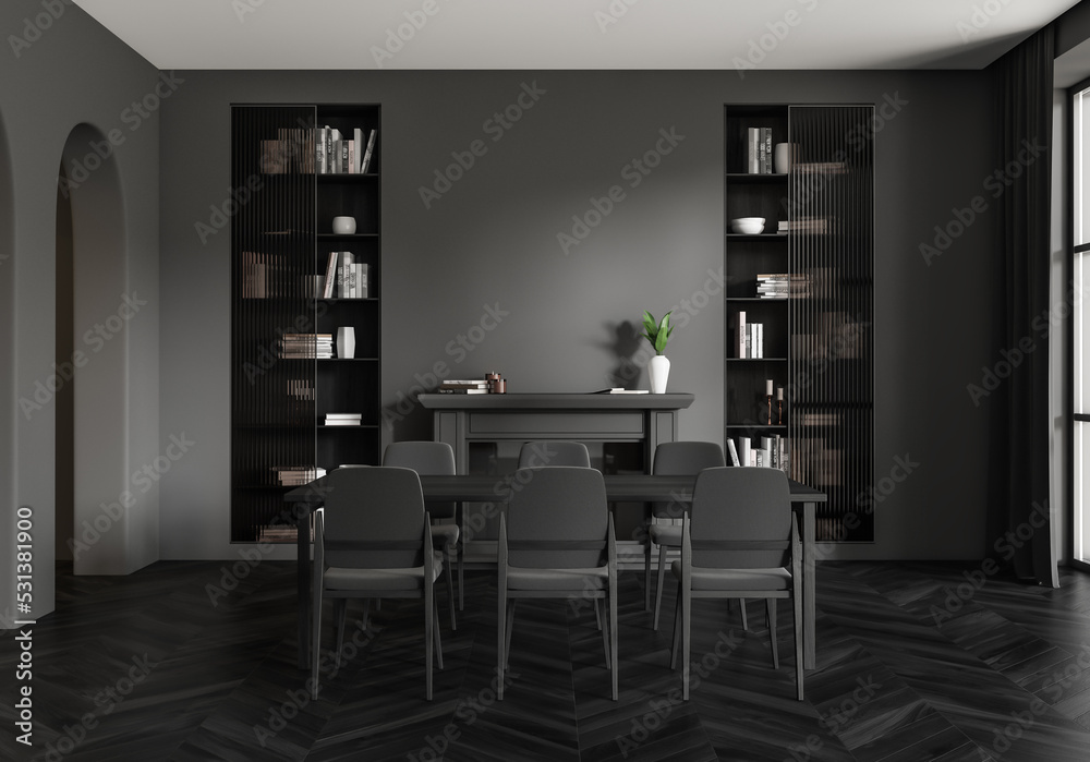 Grey living room interior with chairs and art decoration, window and shelf Grey living room interior with chairs and art decoration, window and shelf