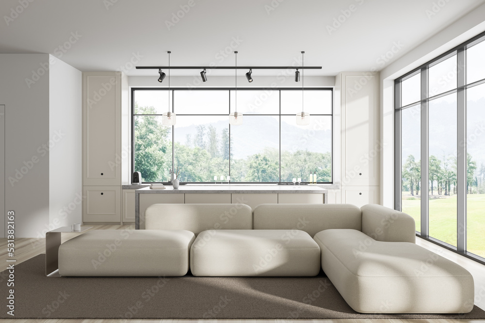 Fototapeta premium Light studio interior with chill and cooking area, panoramic window