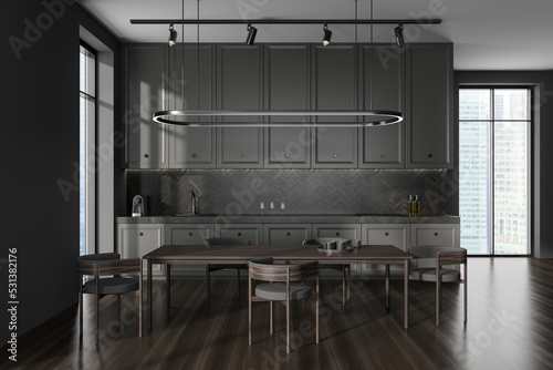 Grey kitchen interior with eating and cooking area, panoramic window