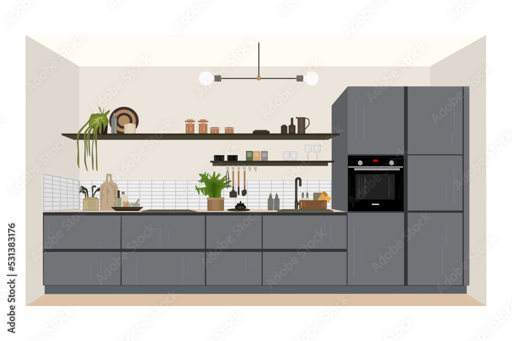 Modern kitchen interior. Kitchen with furniture, cupboard, fridge, stove, sink, microwave and shelf. Modules for domestic room for designing. Working surface for cooking. Stock vector Illustration Modern kitchen interior. Kitchen with furniture, cupboard, fridge, stove, sink, microwave and shelf. Modules for domestic room for designing. Working surface for cooking. Stock vector Illustration