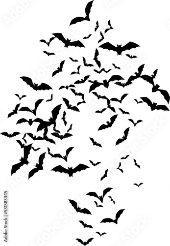 Bat swarm. Flying bat silhouette. Halloween Decoration element.