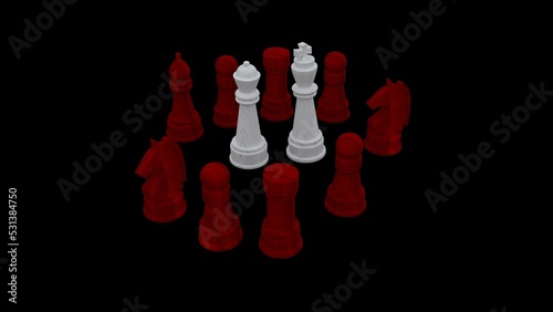 A game of chess red and white on black win. Contrast winner bright king and queen. The queen is always beautiful. The power of king and queen. The will to win. The enemy has been defeated. Brightly.