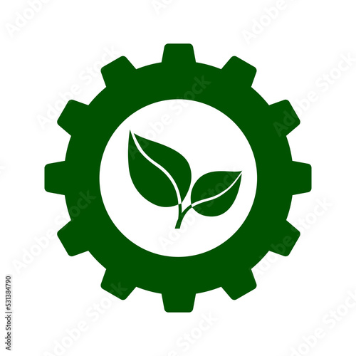 Icon of green leaves in cogwheel. Symbol of green, sustainable and environment friendly industry or agroindustrial sector. Vector Illustration