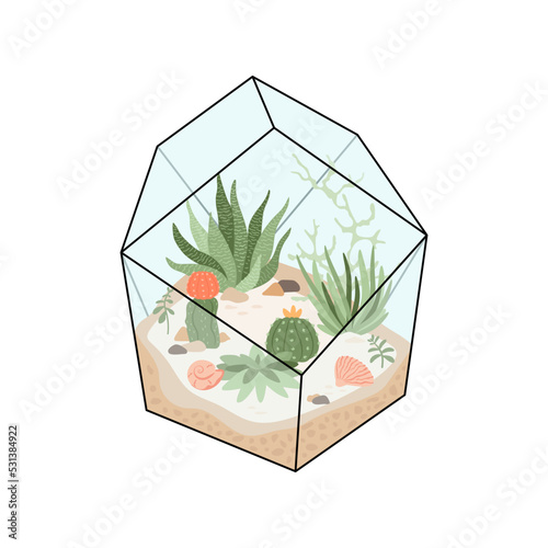 Floral terrarium with succulents, cactus, tropical grass, corrals, decorated stones and seashells on sandy background. Miniature garden. Handicraft florarium. Vector illustration. Isolated composition