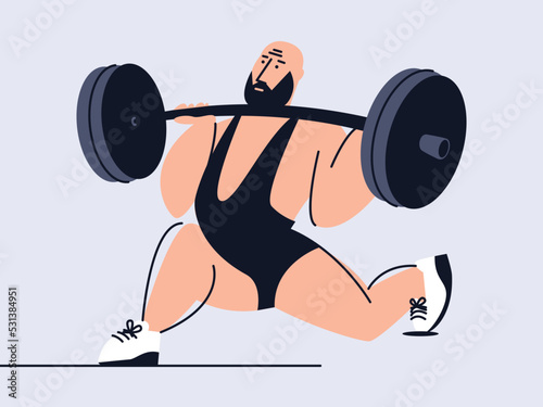 Sports barbell for weightlifting. An athlete lifting a barbell with a large weight. Graphics in cartoon style. Sports equipment and clothing for bodybuilding. Muscular athlete character