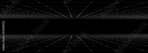 Vector double perspective grid on black background. Digital cyberspace. Network connection structure. Abstract mesh background.