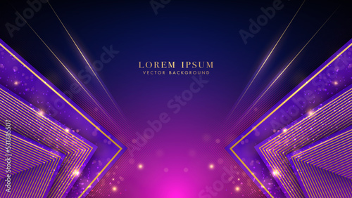 Purple triangle with golden line, sparkle glowing effect and bokeh elements on blue and pink background