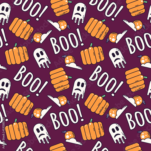 Halloween seamless pattern with pumpkin, boo ghost and full moon. Spooky fun vector illustration for wrapping paper, fabric print, backgrounds. Cute isolated autumn cartoon. Colorful line art