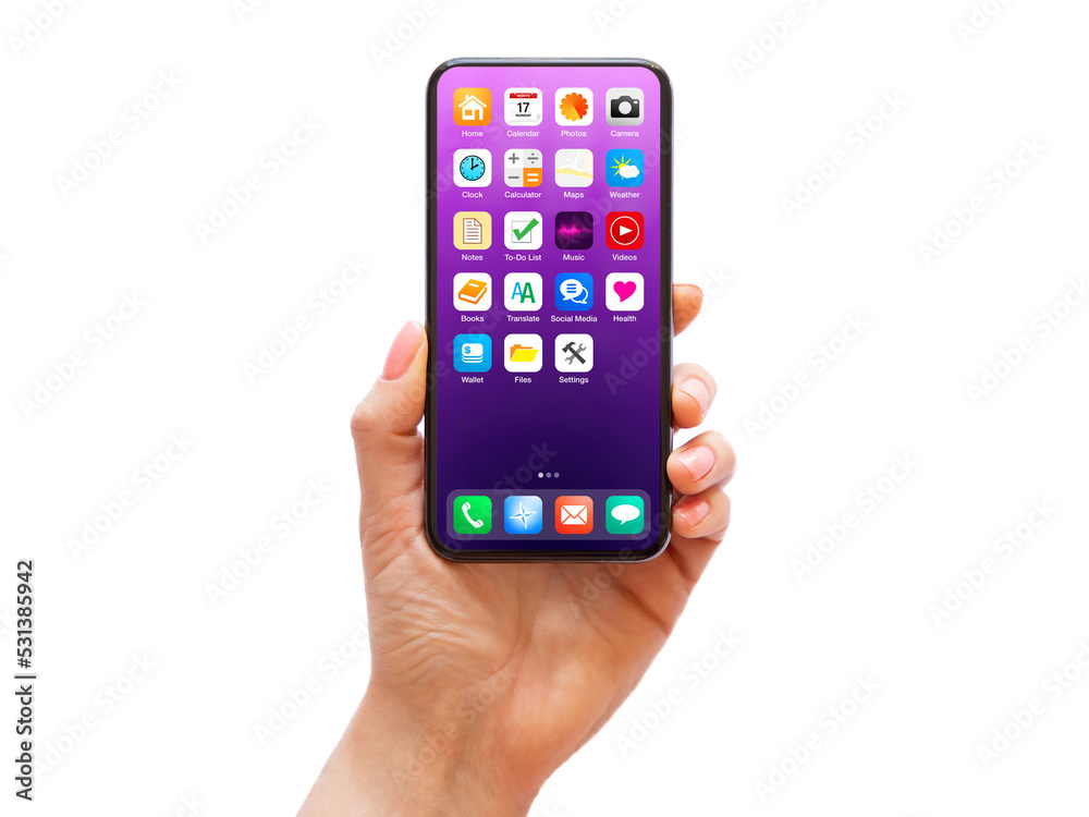 Mobile phone in hand on isolated background, home screen mockup Mobile phone in hand on isolated background, home screen mockup