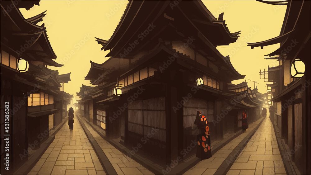 Traditional houses and people in osaka japan. Tokyo cityscape illustration in japanese architecture Traditional houses and people in osaka japan. Tokyo cityscape illustration in japanese architecture