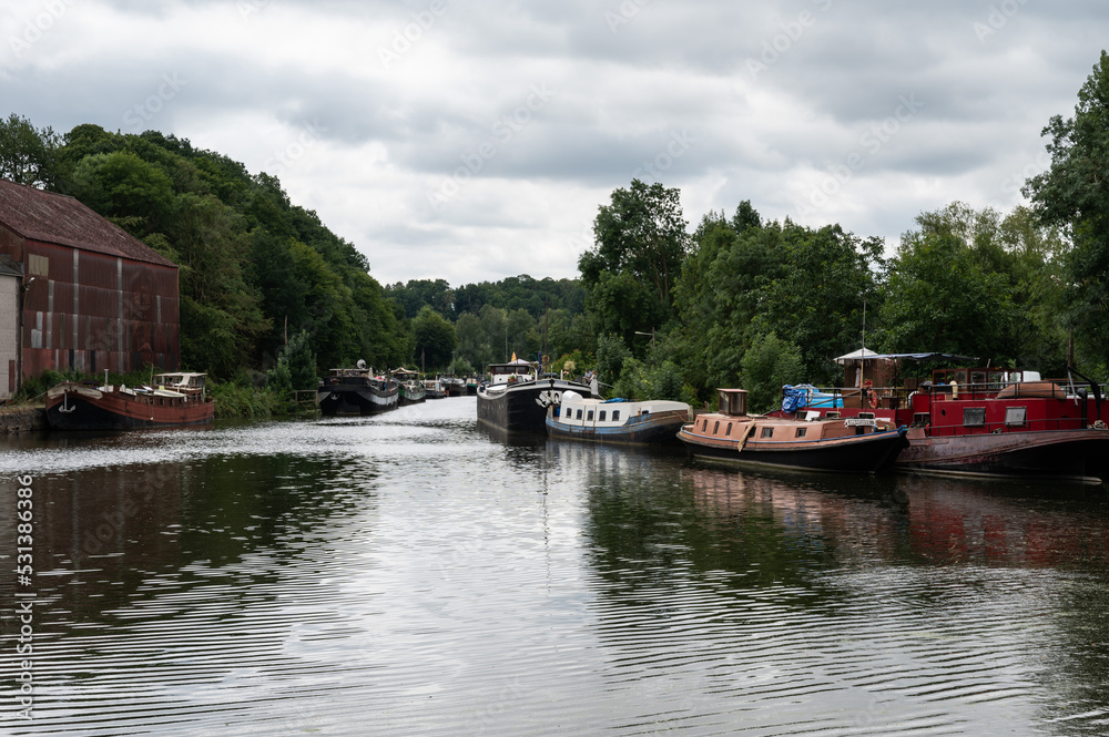 Ronquieres, Wallon Region, Belgium , Canal with boats and industrial activity Ronquieres, Wallon Region, Belgium , Canal with boats and industrial activity