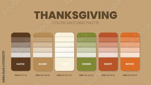 Thanksgiving color scheme. Color Trends combinations and palette guide. Example of table color shades in RGB and HEX. Color swatch for fashion, home, interiors design 2022. Colour chart idea vector.