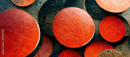 Orange and green Abstract aging enamel painted steel circle cutout metal sheets - minimalistic patterns, rough grungy industrial rust texture. Modern digital art background, highly detailed. photo