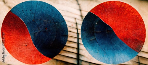 Blue and red Abstract aging enamel painted steel circle cutout metal sheets - minimalistic patterns, rough grungy industrial rust texture. Modern digital art background, highly detailed. photo