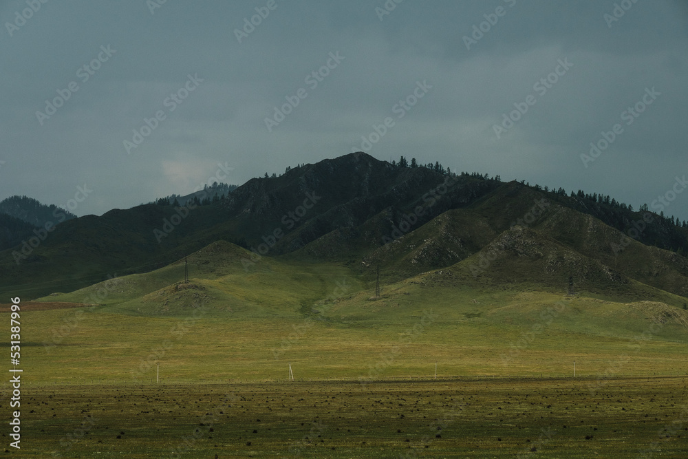 Green fields and slopes of the Altai Mountains