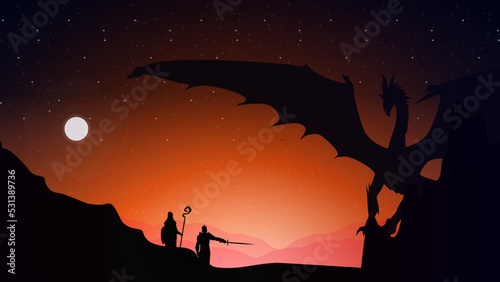 sword mage fighting dragon at night. wizard swordsman background. knight with sword against dragon. knight with sword fighting dragon at night. 