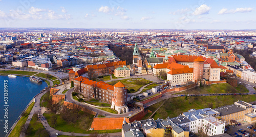 Aerial view on the medieval castle Wawel. Wawel city. Poland