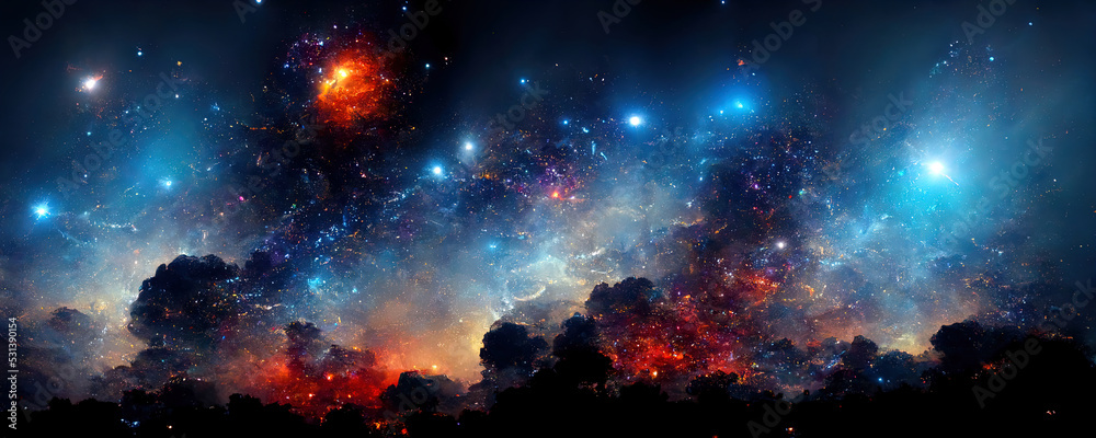 Fototapeta premium Space panorama with planets and nebulae on a black background