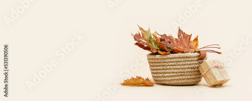 Fall Gift or Sale concept. golden maple leaves in a woven basket and gift box. autumn decor. Copy space. Thanksgiving. order delivery banner. Warm subtle mood colors