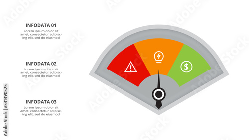 Speedometer infographic with 3 elements template for web, business, presentations, vector illustration. Business data visualization.