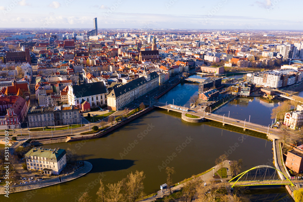 Fototapeta premium Aerial view on the city Wroclaw and Market square. Poland