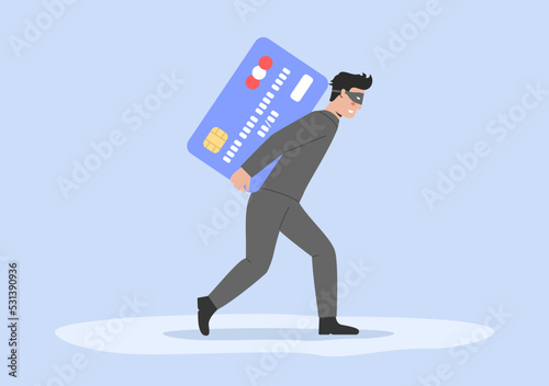 Concept Of Transaction Security, Cyber Crime And Hacker Attack. Cheater In Face Mask Has Stolen Credit Card Data. Hacker Carrying Stolen Bank Card. Cartoon Outline Linear Flat Vector Illustration