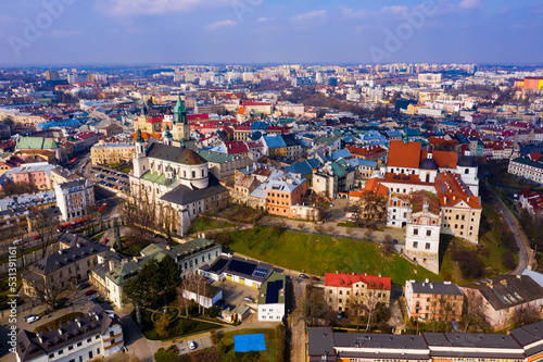 Fotografia View from drone of Lublin cityscape with Roman Catholic Cathedral of St