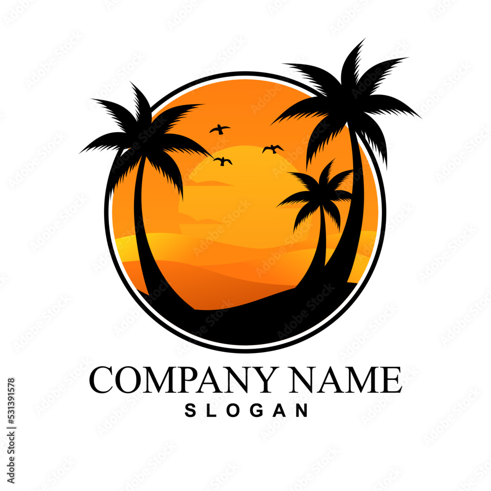 Island Logo Design with Coconut Trees and Sunset