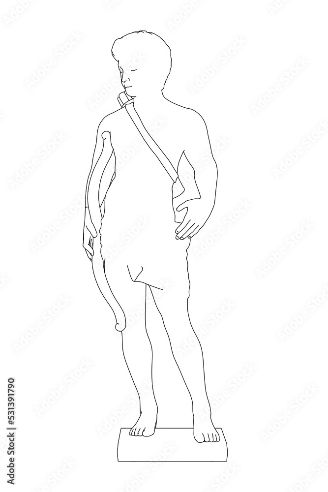 The contour of the sculpture of a male archer from black lines isolated on a white background. Front view. Vector illustration. The contour of the sculpture of a male archer from black lines isolated on a white background. Front view. Vector illustration.