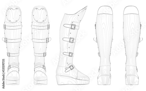 Set with contours of high boots with clasps from black lines isolated on white background. Front, side, back view. Vector illustration.