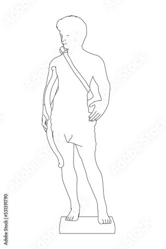 The contour of the sculpture of a male archer from black lines isolated on a white background. Front view. Vector illustration.