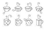 Set of cute hand drawn teacups with different vintage textures. Vector line illustrations. Mugs collection for packaging, banner, print, card, fabric, label, wallpaper, textile, wrapping paper, gift.
