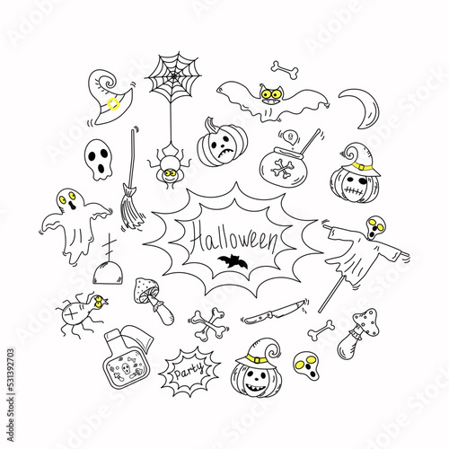 Halloween vector doodle icons. Festive badges and attributes. Halloween party. Hand draw.