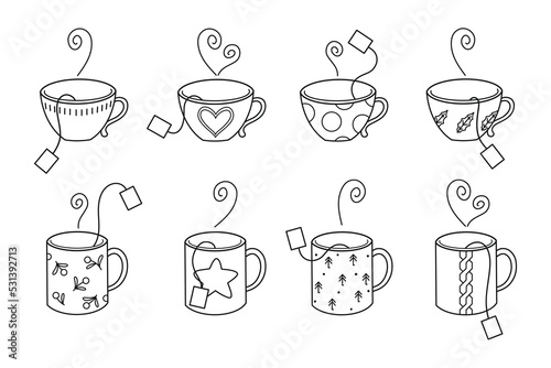 Set of cute hand drawn teacups with different vintage textures. Vector line illustrations. Mugs collection for packaging, banner, print, card, fabric, label, wallpaper, textile, wrapping paper, gift.