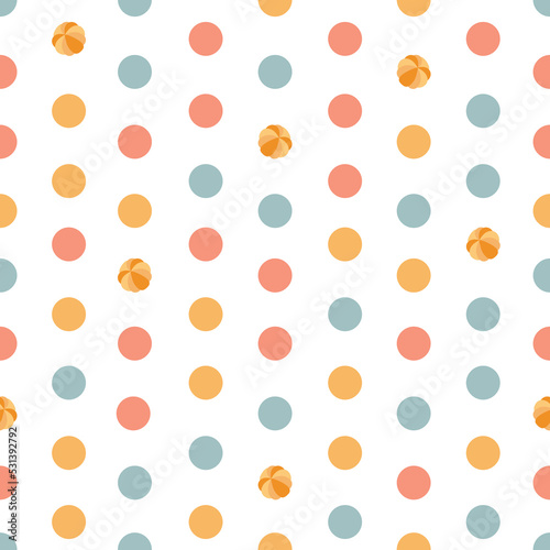 Christmas seamless vector pattern with polka dots and oranges. Retro winter holidays background. Flat style design. Vintage texture for wrapping paper, print, card, gift, fabric, textile, wallpaper.