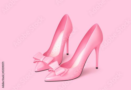 Fotografia, Obraz Pink high heels shoes with bow decoration isolated on pink background