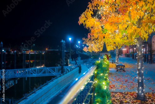 Downtown Napa Valley around the river with blur handrail in first plan photo