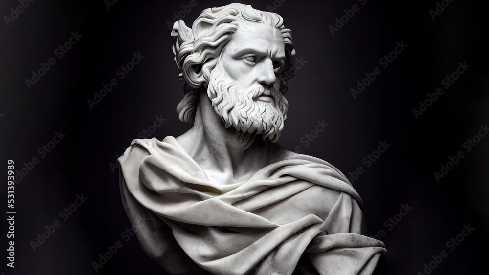 Illustration of a Renaissance marble statue of Asclepius. He is the God of medicine, healing, and rejuvenation, Asclepius in Greek mythology, known as Vejovis in Roman mythology.