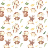 watercolor monkey seamless pattern illustration for kids