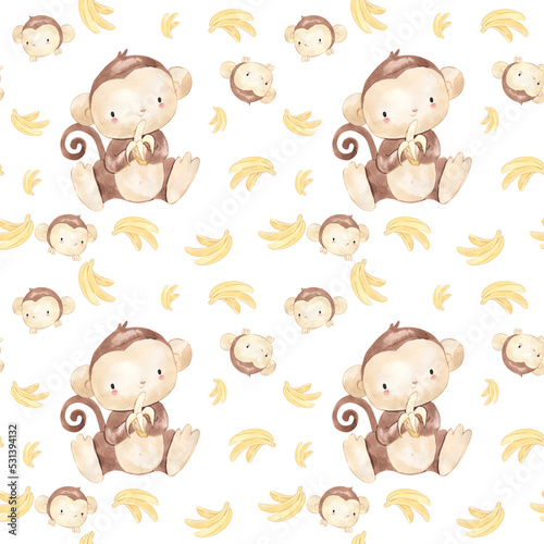 Canvas Print watercolor monkey seamless pattern illustration for kids